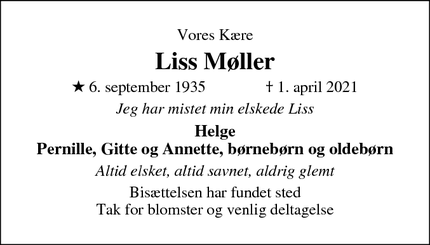 Dødsannoncen for Liss Møller - Stensby Mark