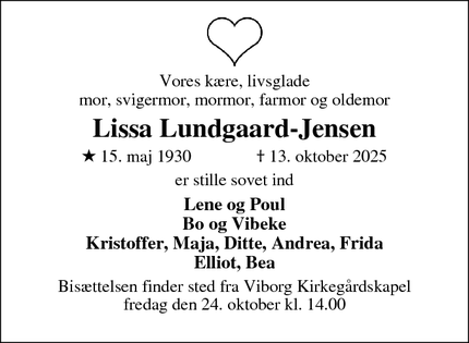 Dødsannoncen for Lissa Lundgaard-Jensen - Viborg