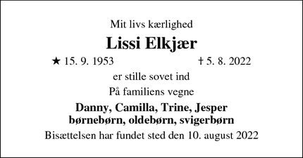 Dødsannoncen for Lissi Elkjær - Tølløse