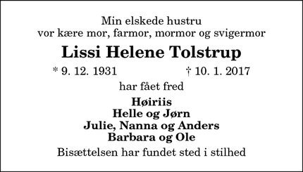 Dødsannoncen for Lissi Helene Tolstrup - Arden
