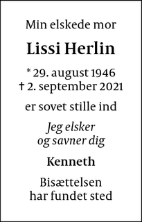 Dødsannoncen for Lissi Herlin - Herlev