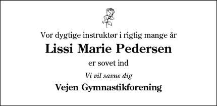 Dødsannoncen for Lissi Marie Pedersen - Vejen