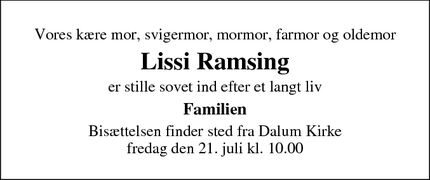 Dødsannoncen for Lissi Ramsing - Odense