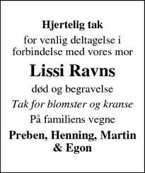Taksigelsen for Lissi Ravns - Give