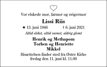 Dødsannoncen for Lissi Riis - Ikast