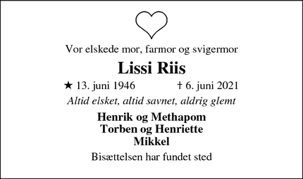 Dødsannoncen for Lissi Riis - Ikast