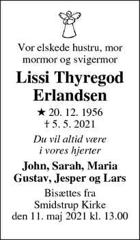 Dødsannoncen for Lissi Thyregod
Erlandsen - Hedensted