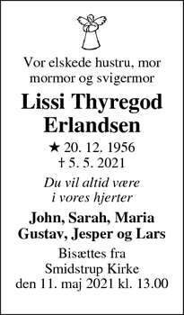 Dødsannoncen for Lissi Thyregod
Erlandsen - Hedensted