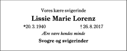 Dødsannoncen for Lissie Marie Lorenz - Tjæreborg