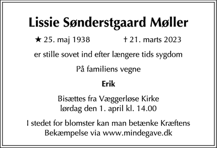 Dødsannoncen for Lissie Sønderstgaard Møller - Væggerløse 