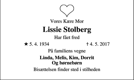 Dødsannoncen for Lissie Stolberg  - Hvidovre