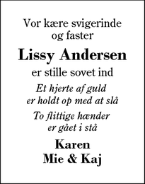 Dødsannoncen for Lissy Andersen - Haunstrup