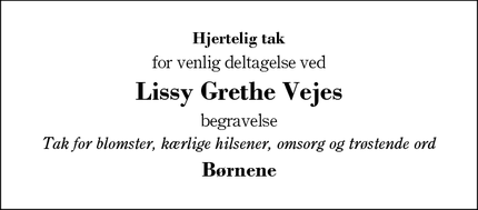 Dødsannoncen for Lissy Grethe Vejes - Herning, Danmark