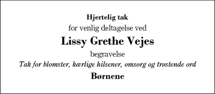 Dødsannoncen for Lissy Grethe Vejes - Herning, Danmark