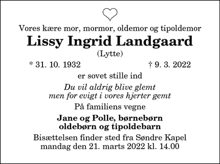 Dødsannoncen for Lissy Ingrid Landgaard - Aalborg