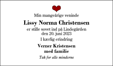Dødsannoncen for Lissy Norma Christensen - Herning 