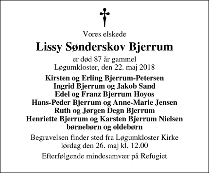Dødsannoncen for Lissy Sønderskov Bjerrum - Tønder