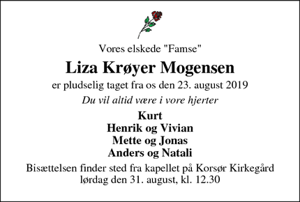 Dødsannoncen for Liza Krøyer Mogensen - Korsør