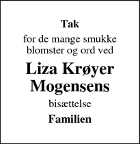 Dødsannoncen for Liza Krøyer Mogensens - Korsør