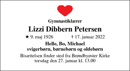 Dødsannoncen for Lizzi Dibbern Petersen - Brøndby