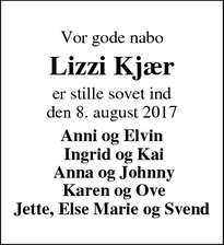 Dødsannoncen for Lizzi Kjær - Ikast