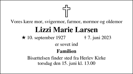 Dødsannoncen for Lizzi Marie Larsen - Herlev
