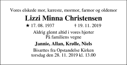 Dødsannoncen for Lizzi Minna Christensen - Herfølge