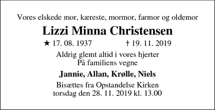 Dødsannoncen for Lizzi Minna Christensen - Herfølge
