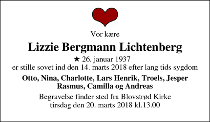 Dødsannoncen for Lizzie Bergmann Lichtenberg - Lillerød