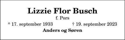Dødsannoncen for Lizzie Flor Busch - Hellerup