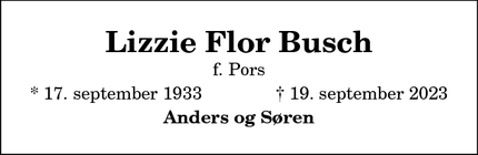 Dødsannoncen for Lizzie Flor Busch - Hellerup