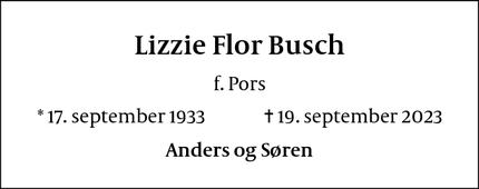 Dødsannoncen for Lizzie Flor Busch - Hellerup