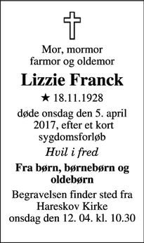 Dødsannoncen for Lizzie Franck - Frederiksberg