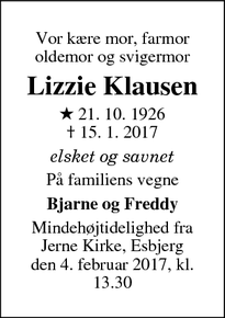 Dødsannoncen for Lizzie Klausen - Esbjerg