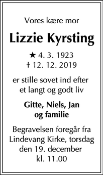 Dødsannoncen for Lizzie Kyrsting - 2000 Frederiksberg