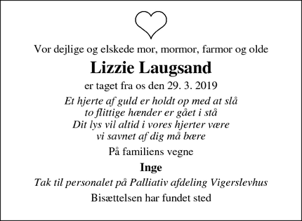 Dødsannoncen for Lizzie Laugsand - Valby