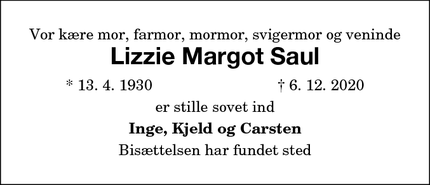 Dødsannoncen for Lizzie Margot Saul - Maribo