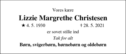 Dødsannoncen for Lizzie Margrethe Christesen - risskov