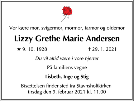 Dødsannoncen for Lizzy Grethe Marie Andersen - Farum