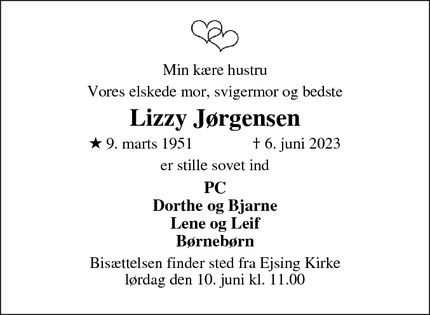 Dødsannoncen for Lizzy Jørgensen - Håsum
