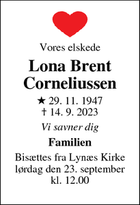 Dødsannoncen for Lona Brent
Corneliussen - Hundested