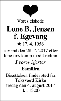 Dødsannoncen for Lone B. Jensen
f. Egevang - Holme-Olstrup