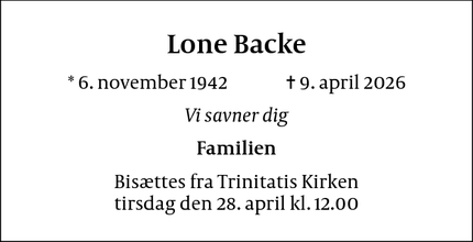 Dødsannoncen for Lone Backe - København Ø