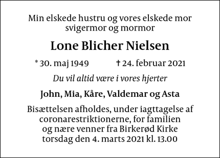 Dødsannoncen for Lone Blicher Nielsen - Birkerød
