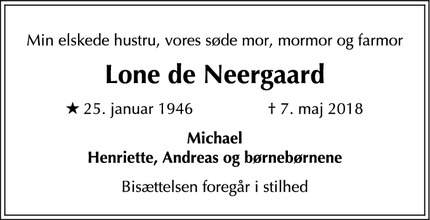 Dødsannoncen for Lone de Neergaard - København S