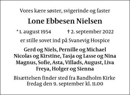 Dødsannoncen for Lone Ebbesen Nielsen - Nykøbing F