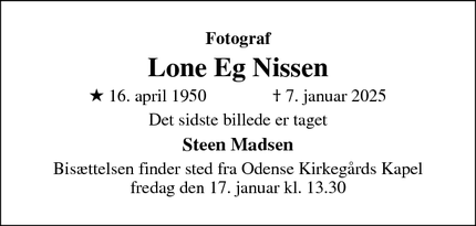 Dødsannoncen for Lone Eg Nissen - Odense 