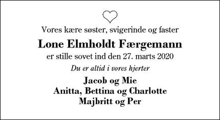 Dødsannoncen for Lone Elmholdt Færgemann - Herning
