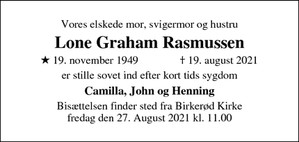 Dødsannoncen for Lone Graham Rasmussen - Birkerød