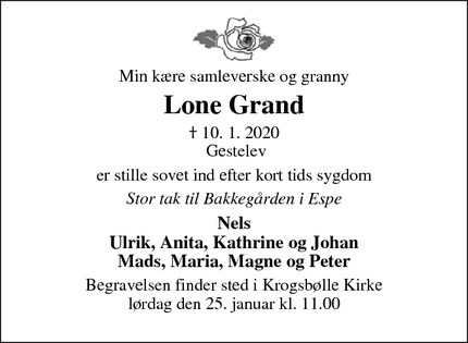 Dødsannoncen for Lone Grand - Gestelev
